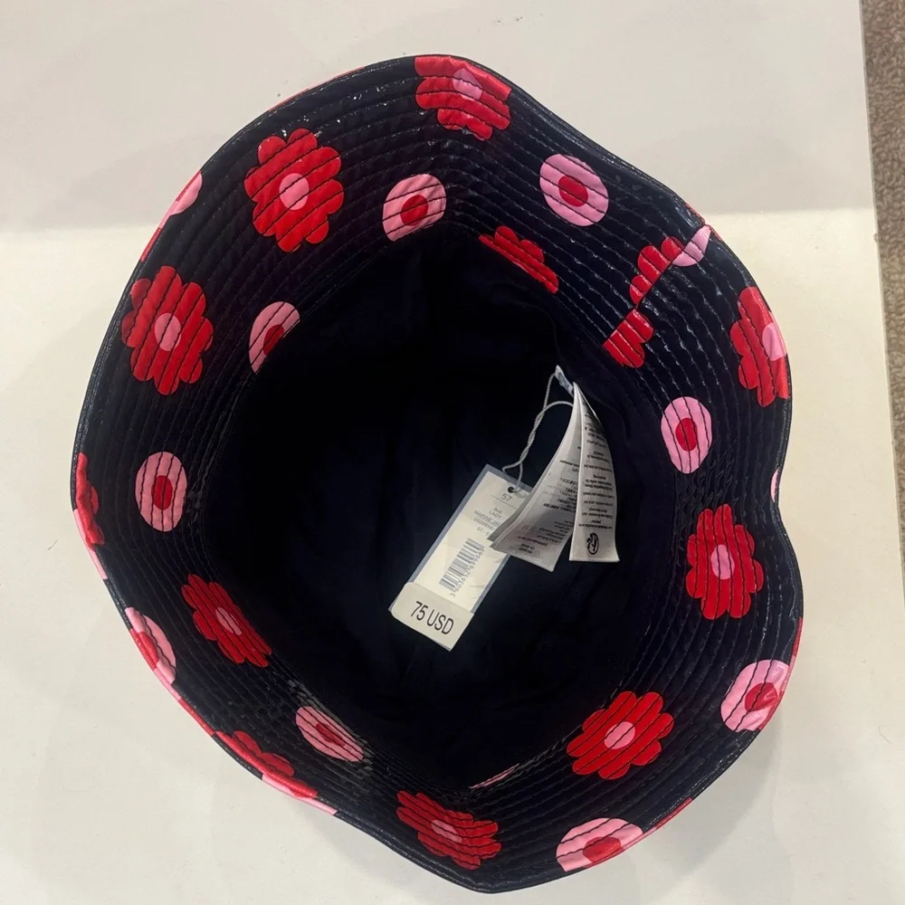 Jacadi Navy Bucket Hat with Red Flowers and Pink Circles